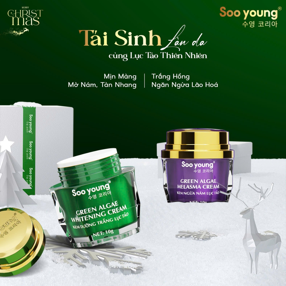 Combo kem dưỡng trắng, ngừa nám ngày và đêm Lục Tảo Soo Young dưỡng trắng, ngừa nám, tàn nhang, đồi mồi