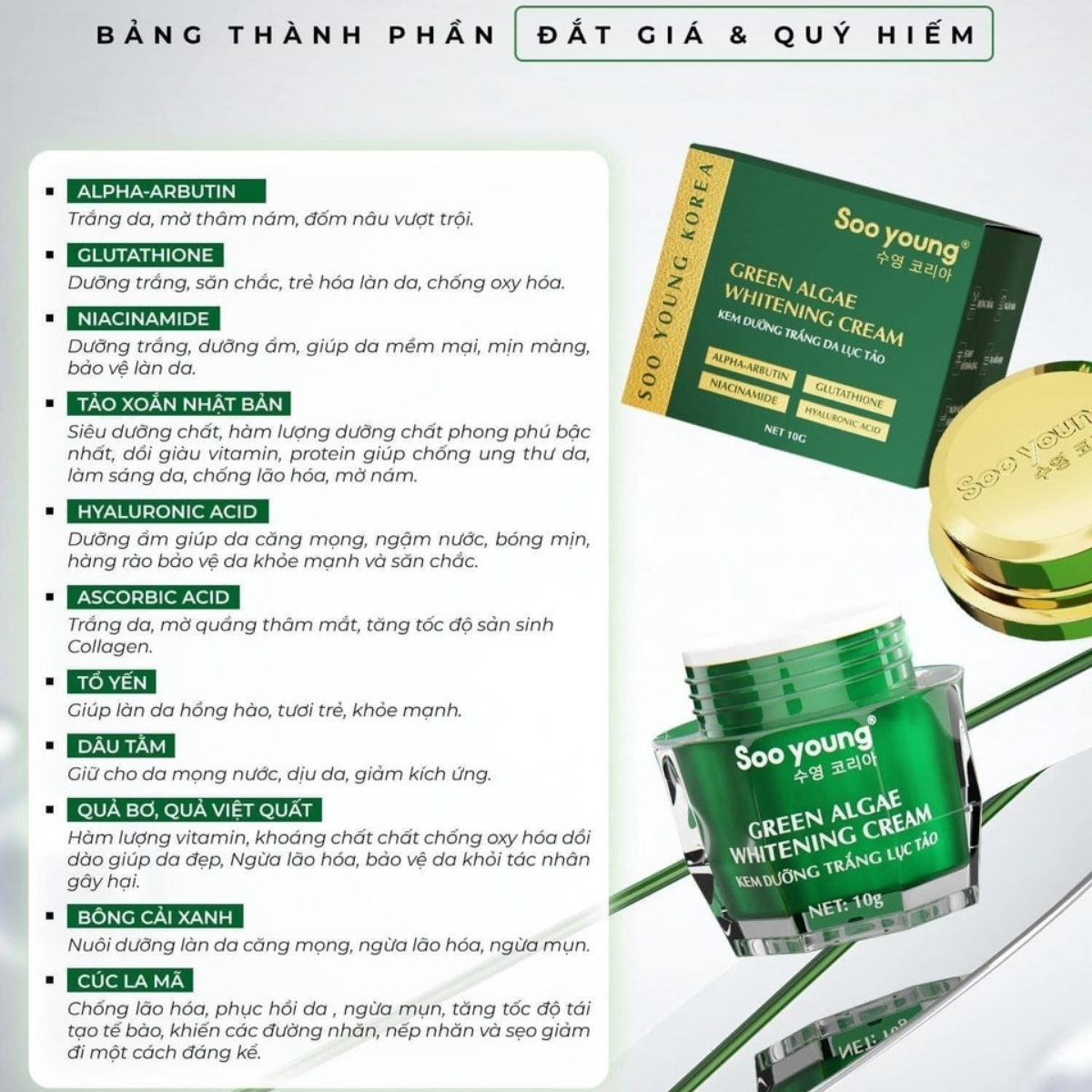 Kem face ngày Lục Tảo Soo Young được chiết xuất từ các thành phần: Alpha Arbutin, Glutathione, Niacinamide, Tảo Xoắn Nhật Bản, Hyaluronic Acid, Ascorbic Acid, Tổ Yến, Dâu Tằm, Quả Bơ, Quả Việt Quất, Bông Cải Xanh, Cúc La Mã...