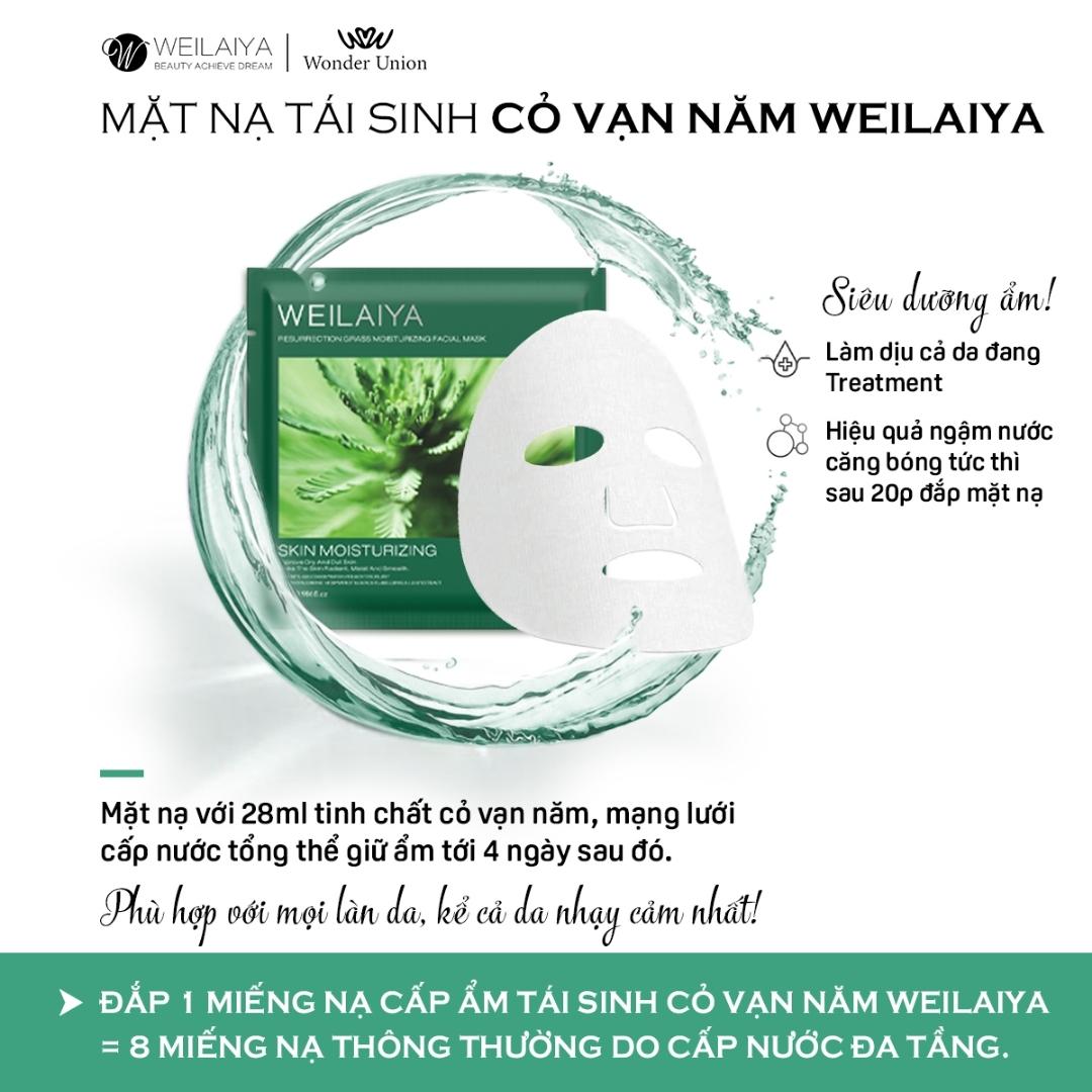 Công dụng mặt nạ dưỡng da weilaiya cỏ vạn năm - Cấp ẩm, khóa nước, duy trì làn da mềm mại, căng mọng. - Làm dịu, giảm các triệu chứng viêm, mẩn đỏ. - Phục hồi làn da yếu, tổn thương mao mạch.
