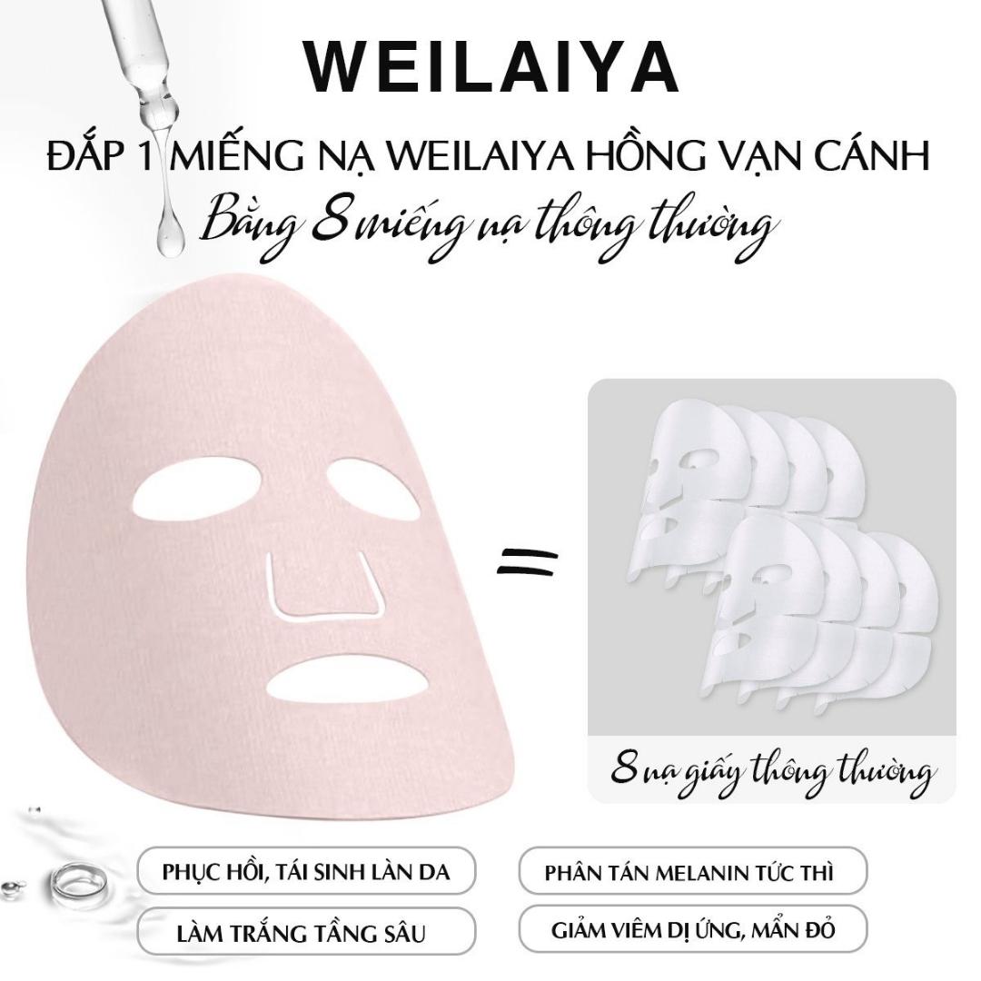 Công Dụng Của Mặt Nạ Dưỡng Trắng Da Weilaiya - Dưỡng trắng tầng sâu, giảm kích ứng và chống khô ráp, lão hóa nhờ được bổ sung tinh chất hoa hồng, Reversatrol (vỏ nho), Tranexamic Acid, Nonapeptide-1, Hexapeptide-2. - Cấp ẩm, khóa nước, duy trì làn da mềm mại, căng mọng. - Làm dịu, giảm các triệu chứng viêm, mẩn đỏ. - Phục hồi làn da yếu, tổn thương mao mạch. - Tăng lợi khuẩn, cải thiện lớp màng bảo vệ da khỏi tác động bên ngoài.