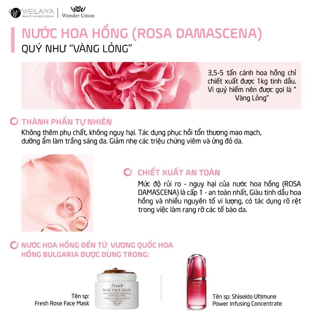 - Nước hoa hồng (Rosa Damascena): làm dịu kích ứng, chống oxy hóa, dưỡng trắng.  - Vỏ nho (Resveratrol): làm mờ sẹo, chống lão hóa, ngăn sự tổn thương mao mạch.  - Tranexamic Acid: ức chế các hắc sắc tố và bảo vệ làn da khỏi ánh nắng mặt trời. - Bifida Ferment Filtrate là một loại lợi khuẩn giúp cân bằng hệ vi sinh trên da.