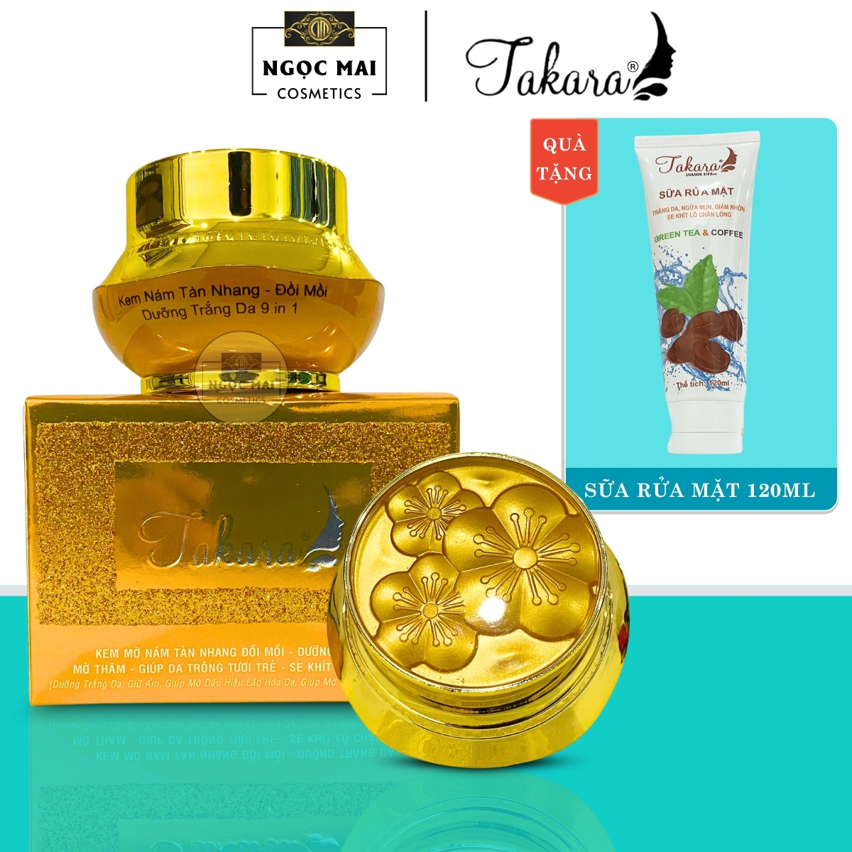 Mỹ Phẩm TAKARA - Kem Nám, Tàn nhang, Đồi mồi, Dưỡng trắng da 9 in 1 (18g) + Sữa rửa mặt Takara