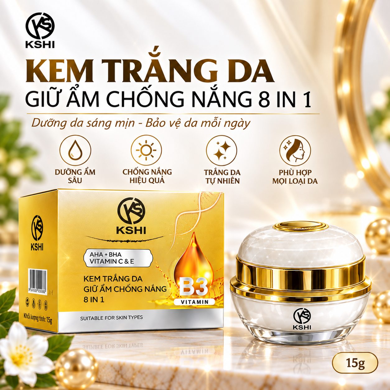 Kem Hỗ Trợ Dưỡng Trắng Da, Giữ Ẩm, Chống Nắng 8 IN 1 KSHI Vitamin B3 (15g)