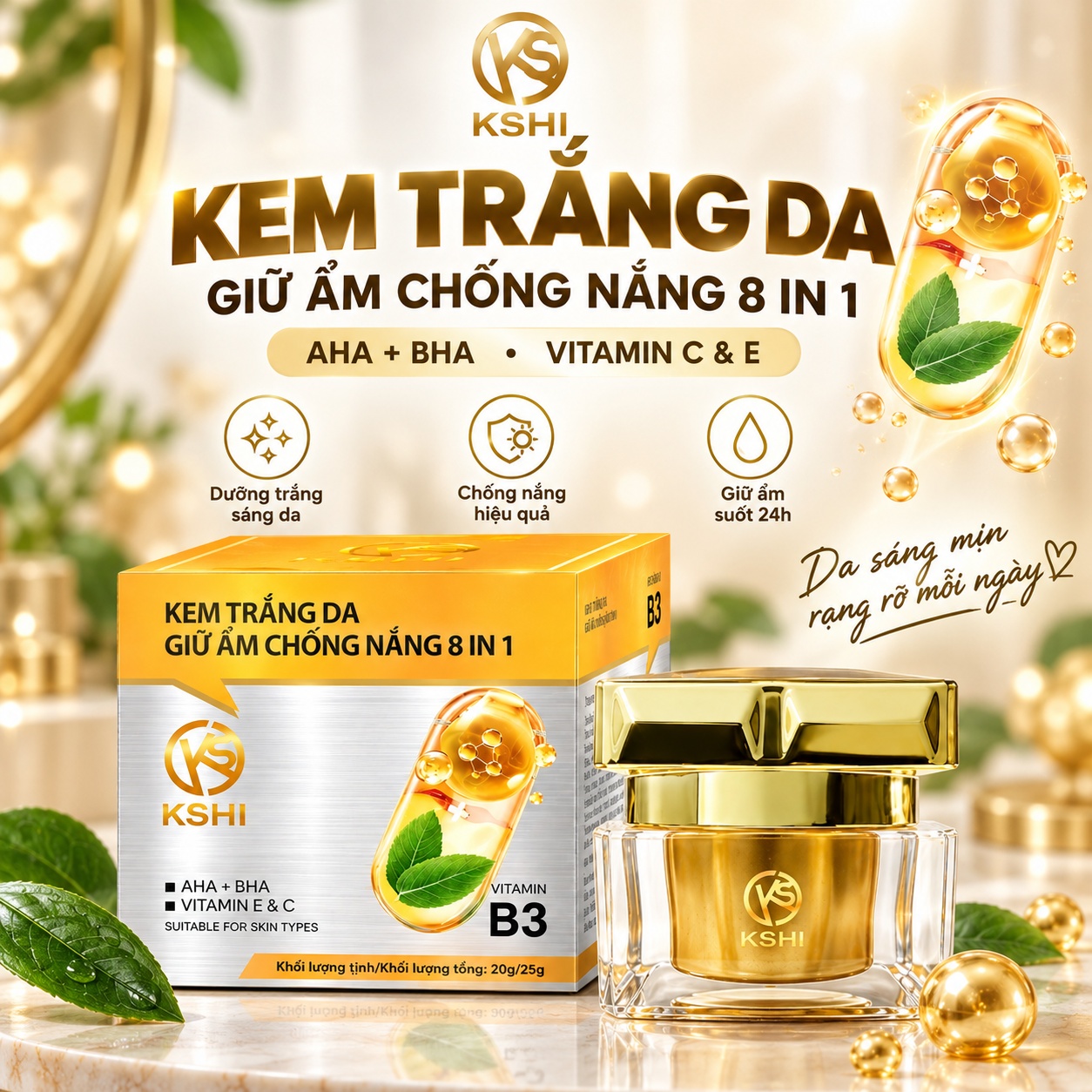 Kem Dưỡng Trắng Da, Giữ Ẩm, Chống Nắng 8 IN 1 KSHI Vitamin B3 (20g)