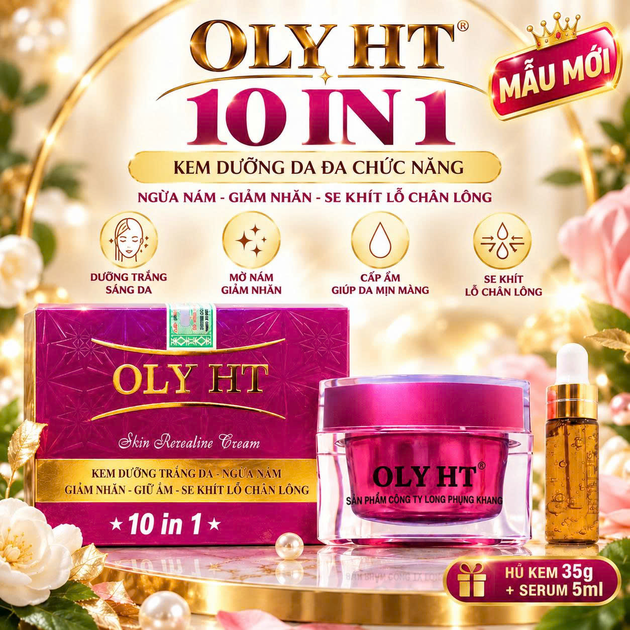 [Mẫu Mới - Tặng Kèm Serum 10ml] Kem dưỡng trắng, Ngừa nám, Giảm nhăn, Giữ ẩm, Se khít lỗ chân lông 10 in 1 OLY HT (35g)